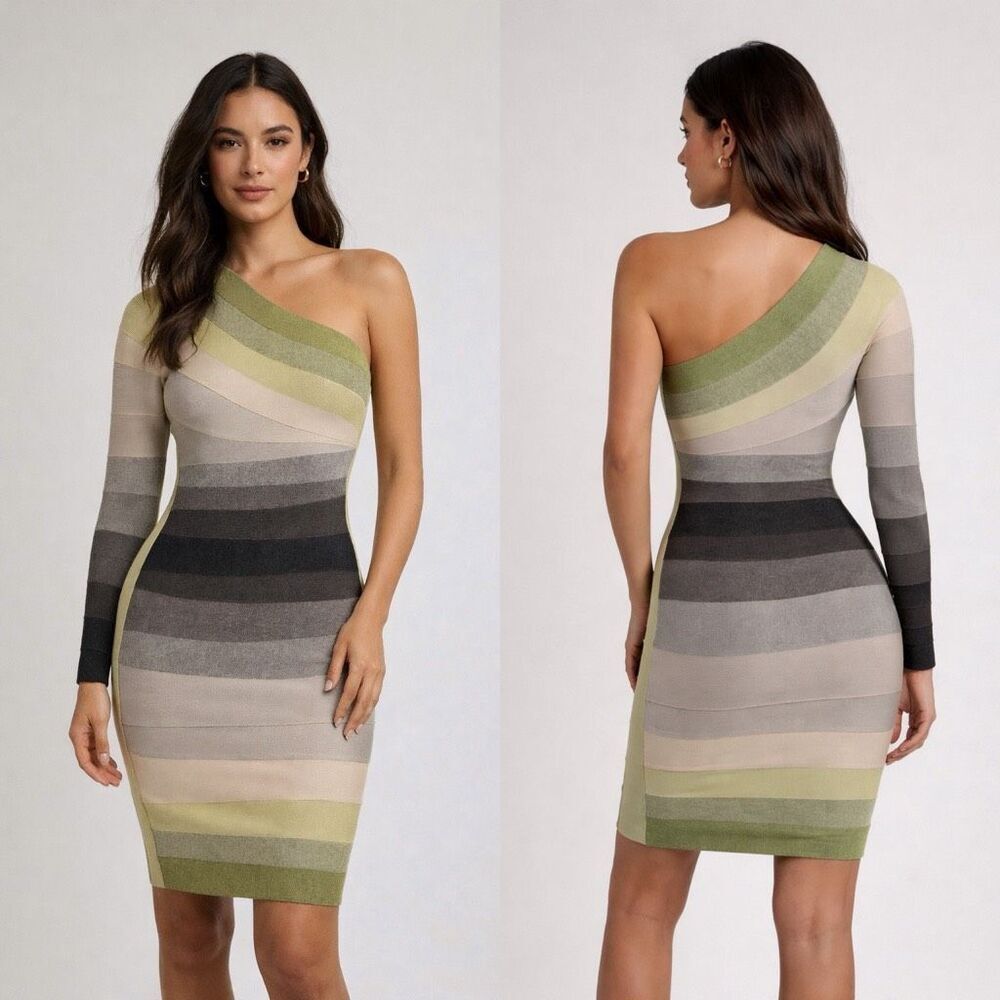 Hervé Léger Arabella One-Shoulder Bandage Bodycon Dress Green Ombré Size S - Picture 12 of 12